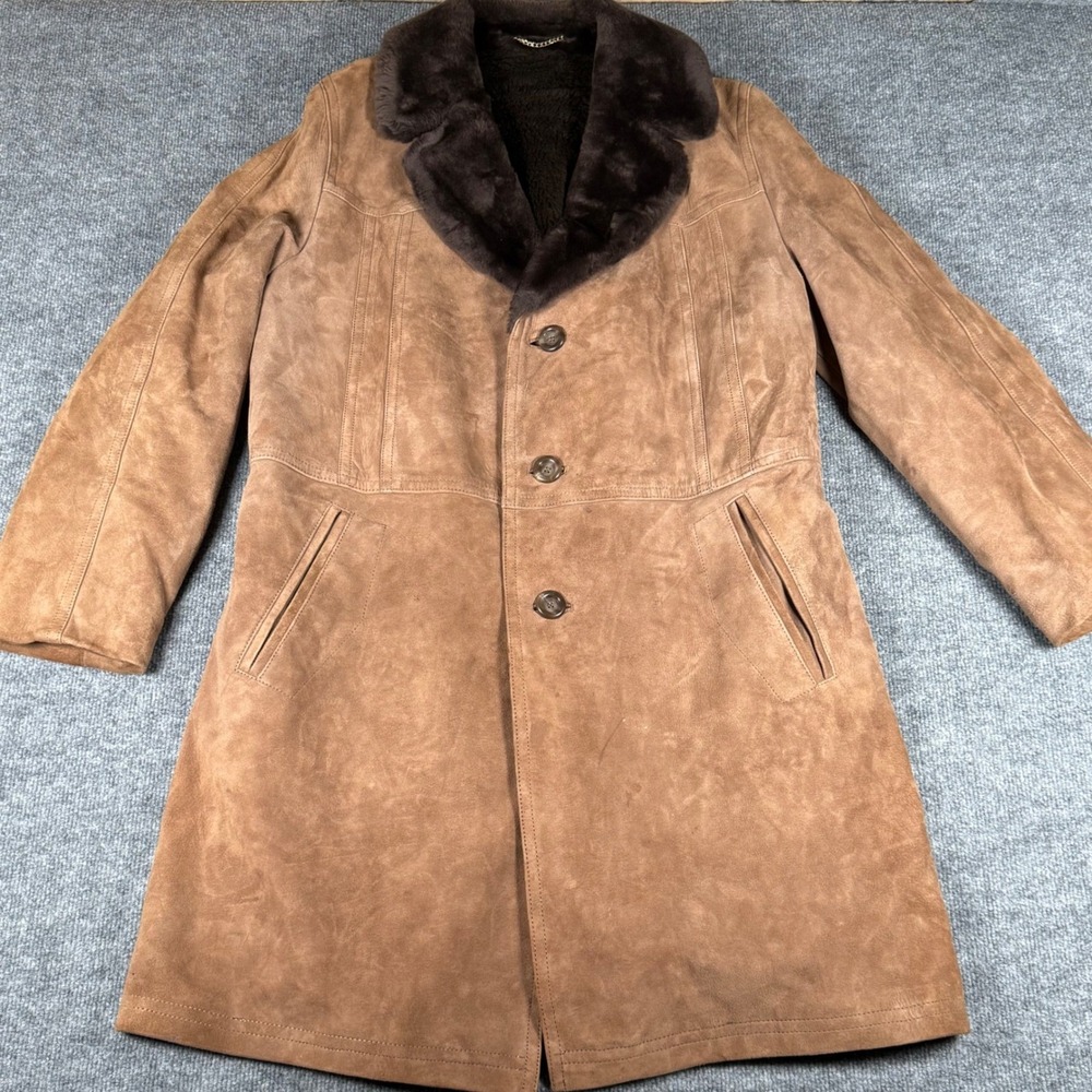 Vintage 70s Brown Suede Faux Fur Lined Acrilan Ice Coat Large Winter Warm Retro